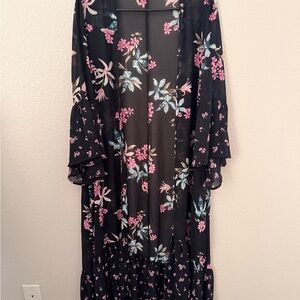 Torrid Black Sheer Kimono with Pink Floral Design
